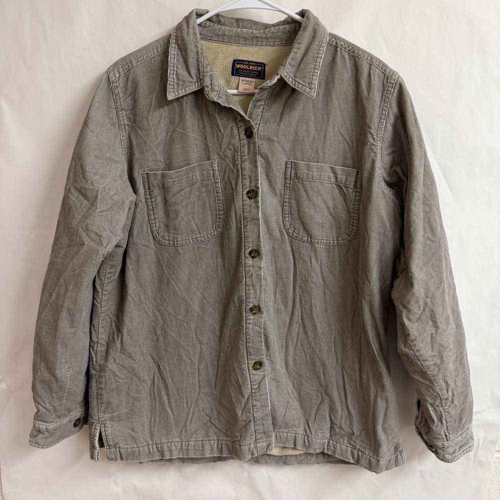 Woolrich‎ Womens Corduroy Sherpa Fleece Lined Shirt Jacket Shacket Green L